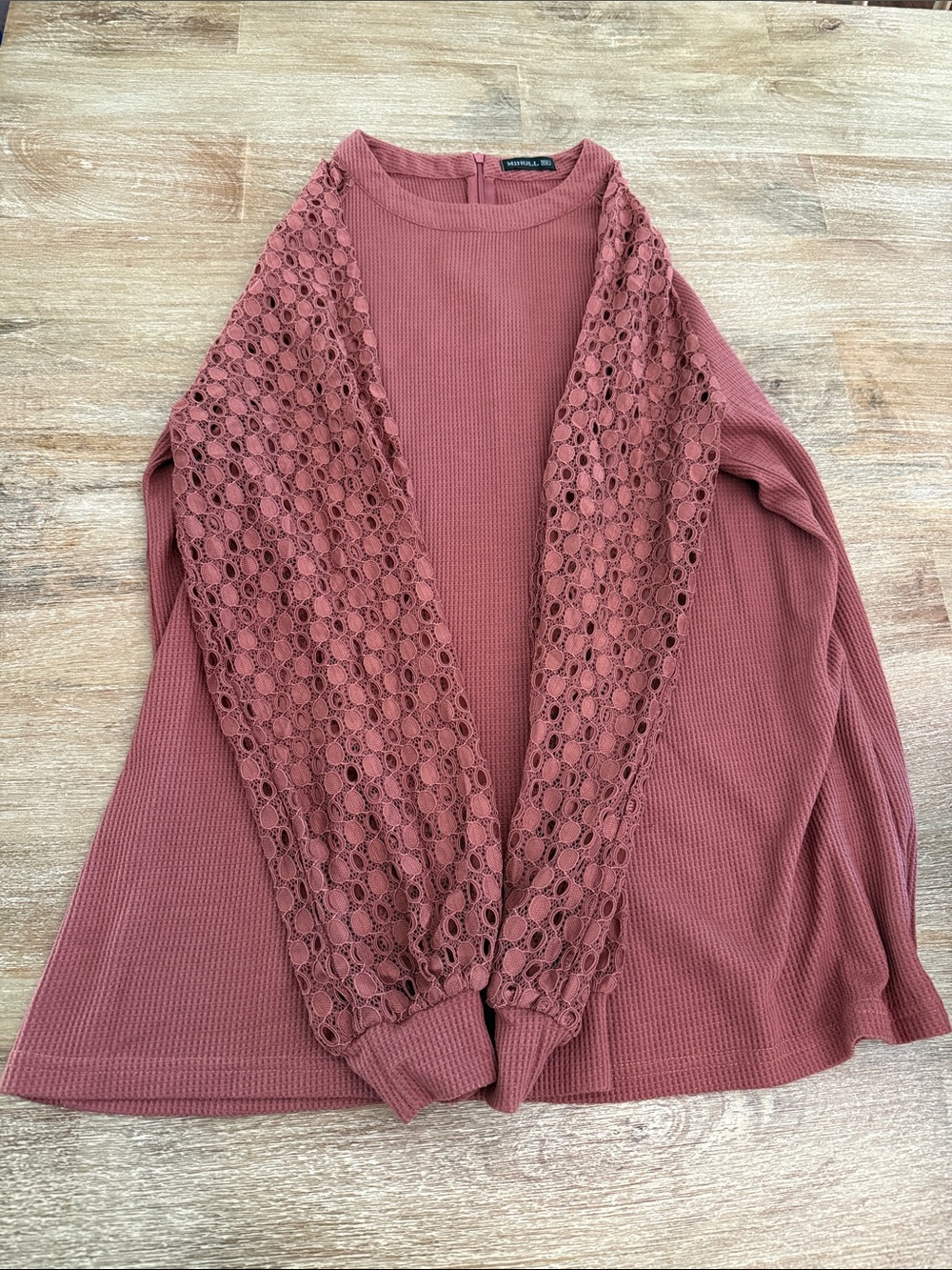 Lace-Sleeve Waffle Knit Scoop Neck Sweater - Dusty Rose